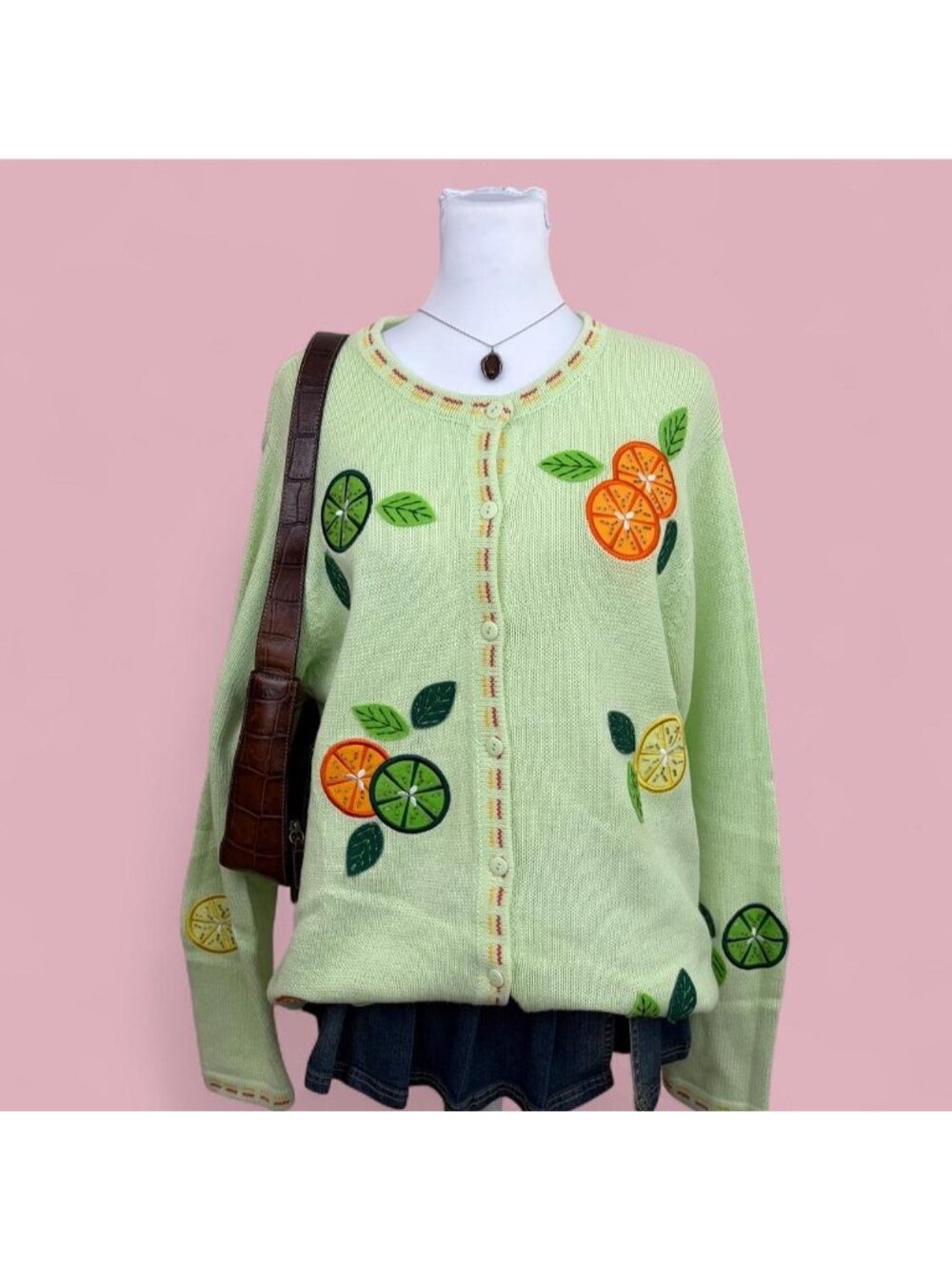 90s quirky whimsical beaded fruit print cardigan sweater